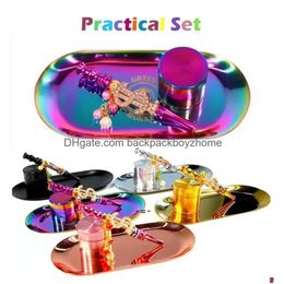 Herb Grinder New Launched Smoking Set Metal Herb Grinder Rainbow Rolling Tray Bling Blunt Holder Shining Kit Gg0531 Drop Delivery Home Dh4Hm