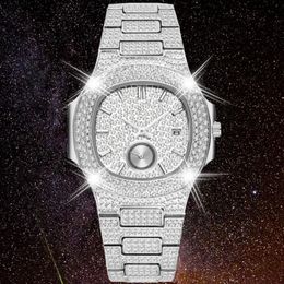 Drop Voller Diamant Iced Out Uhr Männer Wasserdicht Silber Edelstahl Herren Quarzuhren Hip Hop Männliche Uhr Relogio265w