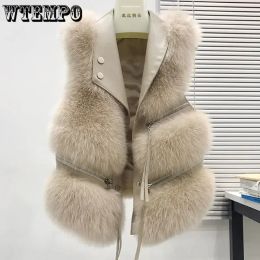 Waistcoats WTEMPO Autumn Faux Leather Fur Coats Patchwork Jackets Women Elegant Fluffy Jacket Vest Short Coat Luxury Outerwear