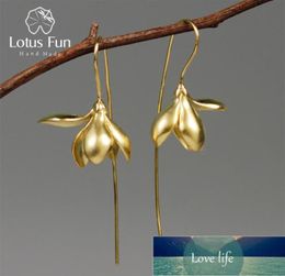 Lotus Fun Real 925 Sterling Silver Earrings Designer Fine Jewellery 18K Gold Elegant Magnolia Flower Dangle Earrings for Women5078670