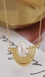 Real Gold Plated Half Moon Natural Pearl T Logo Pendant Necklace B Chian Brand4616847