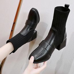 Boots 2024 Women Sock Stitching Square Toe Low Heel Ladies Ankle Solid Colour Sewing Office Lady Shoes Fashion Winter