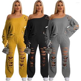 Women's Pants Two Piece Sets Casual Streetwear Women Outfits Long Sleeve Hollow Out Sweatshirt Hole Wide Leg Loose Jogger Set