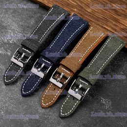 Watch Bands Handmade Denim Laminated Leather Strap 18 19 20 22MM Quick Release Soft Vintage Bracelet Blue Green Brown Ultra Thin band T240227