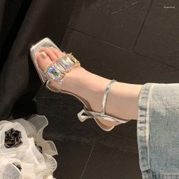 Sandals FHANCHU 2024 Women High Heeled Crystal Summer Shoes Fashion Rhinestone Ankle Buckle Strap Gold Silver Dropship