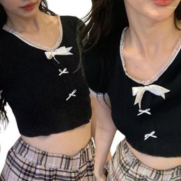 Women's T Shirts Womens Bows Lace Crop Top Summer Short Sleeve T-Shirts Sexy Blouses Tops