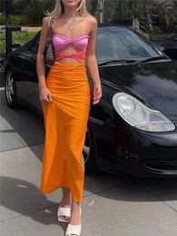 Casual Dresses Hirigin Patchwork Y2K Strapless Bodycon Dress Sexy Women Hollow Out Sleeveless Backless Summer Beach Party Club Midi