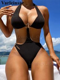 Women's Swimwear Sexy New Metal Rings Halter High Leg Cut One Piece Swimsuit Women Swimwear Female Backless Ribbed Bather Bathing Suit Swim V4513 T240227