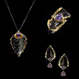 Sets Exaggerated Black Gold Threepiece Ladies Twotone Leaf Ring Necklace Stud Earrings Fashion Threepiece Jewelry for Women