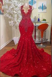 Mermaid Red Long Dresses Black Girls Sheer Crew Neck Diamonds Style Sparkly Rhinestones Crystals Sequined Prom Party Formal Evening Gowns