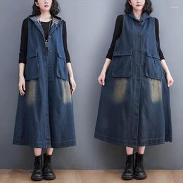 Women's Vests Long Denim Vest Jacket Spring And Autumn Loose Large Size Splice Big Pocket Sleeveless Tank Top Hooded Waistcoat