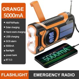 Chargers Solar AM/FM/NOAA Weather Radio Waterproof Hand Crank 5000mAh BluetoothCompatible5.3 Phone Charger SOS Alarm for Outdoor Camping