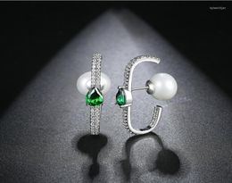 Stud Earrings Luxury Fashion Jewellery Long Bar Micro Pave Cz Green Tear Drop Women Girl Double Sided Pearl Earring2045342