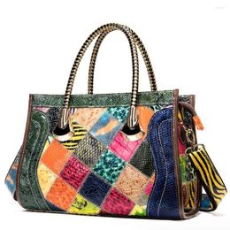 Evening Bags Genuine Leather Women's Bag Tote Fashion Cow Skin Colorful Crossbody Shoulder Big Spliced Retro Zipper