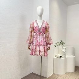 Casual Dresses 2024 High Quality Silk Pink Vintage Floral Print Diamonds Long Lantern Sleeve Women Mini Dress