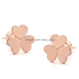 Stud Earrings Classic Simple Lucky Heart Shape Clover Rose Gold Color Fashion Jewelry For Girl Gift Drop Delivery Dhexn