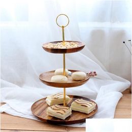 Dishes Plates 3-Tier Round Tray Serving Plate Wood Snack Deseert Teaboard Natural Tea Server Drink Platter Drop Delivery Home Gard Dhvgh