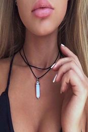 Whole Bullet Hexagonal Column Necklaces Natural Crystal Pendants Stone Pendant Leather Chains Necklace for Women Fashion Jewel5783312