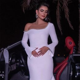 Sexy Pearl One Shoulder Prom Dresses Mermaid Party Dresses off the shoulder Front Ankle Length Long Sleeves Formal Evening Gowns