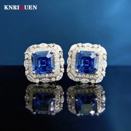 Earrings Retro 100% 925 Real Silver 7*7MM Sapphire Stud Earrings for Women Gemstone Wedding Party Fine Jewelry Birthday Gift Accessories