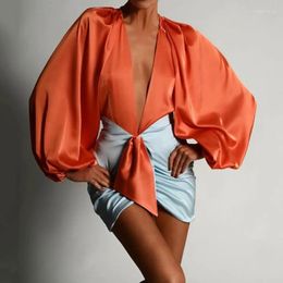 Work Dresses Women Summer Sexy Top And Mini Skirt Deep V-Neck Satin Two Piece Set Long Sleeve Short Casual Party Wear Jumpsuit Club