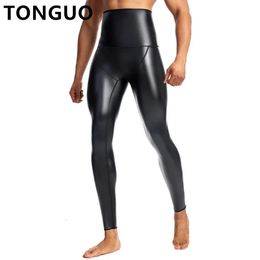 Men Black High Waist Leather Pants Body Shaper Waist Trainer Shaper Control Panties Compression Underwear Fitness 9pts Pants 240220