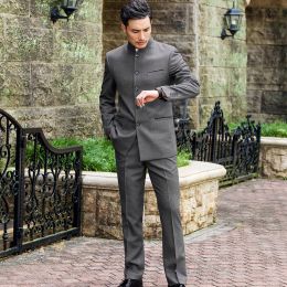 Suits Latest Design Indian Style Men's Stand Collar Suit Jacket Pants Classic Design Groom Gray Wedding Dress 2 Pieces Terno Masculino