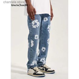 Men's Jeans Flower Denim Jeans Distressed Vintage Straight Jeans Hip Hop Y2k Pants High Street Jeans for Men Cargo T240227