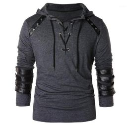 Men PU leather patchwork bandage gothic hip hop punk hooded tshirt hoodie male vintage lace up street rock tee shirts3308195