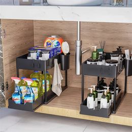 Kitchen Under Sink Organiser Storage Rack 2 Tier Shampoo Detergent Cabinet Spices Bathroom Cosmetics 240223