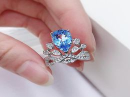 A Butterfly 925 Sterling Silver Crown Luxury Pear Cut Simulation Moissanite Aqumarine Diamond Wedding Ring Fine Jewelry4518117