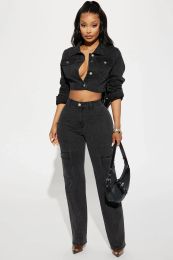 Suits Black Stretch Denim Club Outfits Sexy Women Two Pieces Elegant Jeans Casual Matching Set Top+Pants