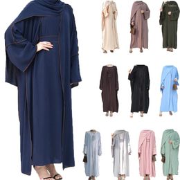 Ethnic Clothing 2 Piece Matching Set Muslim Women Open Abaya Sleeveless Inner Maxi Dress Sets Turkey Dubai Arab Robe Eid Islamic Caftan