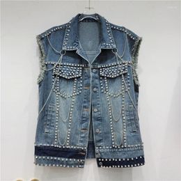 Women's Vests Heavy Work Diamond Chain Design Cowboy Vest Women Contrast Colour Hem Frayed Burrs Sleeveless Denim Waistcoat Casual Streetwear