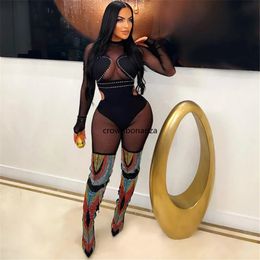 2024 Designer Mesh Patchwork Jumpsuits Women Spring Long Sleeve Rompers Sexy Sheer Overalls See Through Night Club Wear Wholesale Clothes