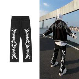 Pants High Street White Letter Flame Printing Jeans Men's and Women's Straight Loose Versatile Pants Small Hip Hop Pants ins men pant