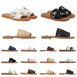 Designer womens woody sandals fluffy flat mule slides beige white black pink lace lettering canvas fuzzy fur slippers summer home shoes women famous c E091#