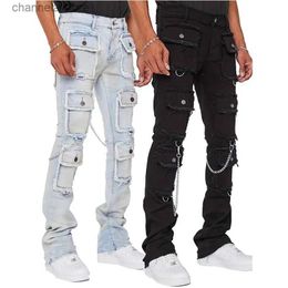 Men's Jeans Heavy Industry Muti-Pockets Baggy Jeans Men Slim Fit Stretchy Y2k Cargo Pants Males High Street Denim Clothes T240227