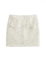 Skirts ZADATA Women's Fashionable And Versatile Simple White Plaid A-line Skirt High-waist Button With Zipper Trendy Mini