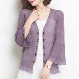 Cardigans Spring Autumn Summer Sun Protection Clothing Women Shawl Cardigan Female Knitted Sweater Flare Sleeve Women Thin Coat Jacket