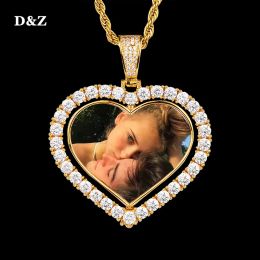 Necklaces D&z Custom Made Photo Rotating Heart Shape Doublesided Pendant Necklace 4mm Tennis Chain Zircon Men's Hip Hop Jewelry