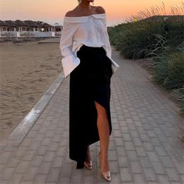 Skirts Women White Off The Shoulder Shirt Black Asymmetrical Long Skirt Set Autumn Office Lady Sleeve Tops High Split Suit