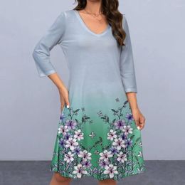 Casual Dresses Spring Autumn Dress Flower Print V-neck Long Sleeve For Women Soft Stretchy Cocktail Party Evening With Breathable