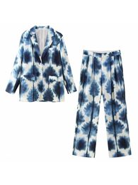 Woman Vinatge Blue Irregular Print Blazer Suits Spring Female Fashion Loose Tie dye Blazers Suit Ladies Satin Sets 240219