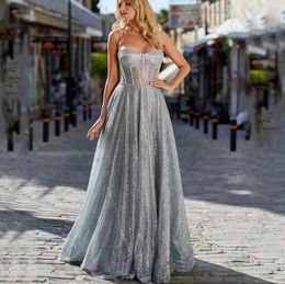 Fashion Gray Evening Dress For Woman Sweetheart Spaghetti Straps Shiny Sequins Tulle Prom Party Gowns Vestidos Fiesta Robe De Soiree