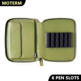 Markers Moterm Genuine Leather Zippered Pen Pouch with 6 Pen Slots and A Snap Fastener Pocket Fountain Pen Case Marker Pen Holder