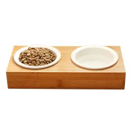 Supplies Wood Raised Ceramic Pet Bowls Dog Food and Water Bowl Set with Wooden Stand Suitable for Small or Big Cats Dogs