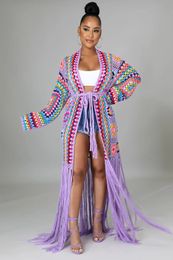 Womens Cardigans Crochet Knitted Maxi Fringe Coats Jacket Casual Sweater Ladies Tassel Open Stitch Hollow Out Long Cardigan 240219