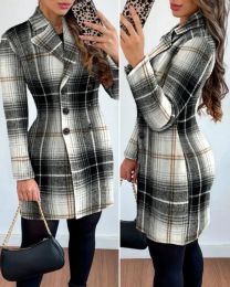 Dress Autumn Plaid Coat Dress Women Causal Office Ladies Vneck Double Breasted Slim Woollen Coat Dress Woman