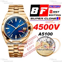 8F Overseas 4500V Ultra-Thin A5100 Self Winding Automatic Mens Watch 41mm Rose Gold Blue Stick Dial Stainless Steel Bracelet Super Edition Puretime Reloj Hombre